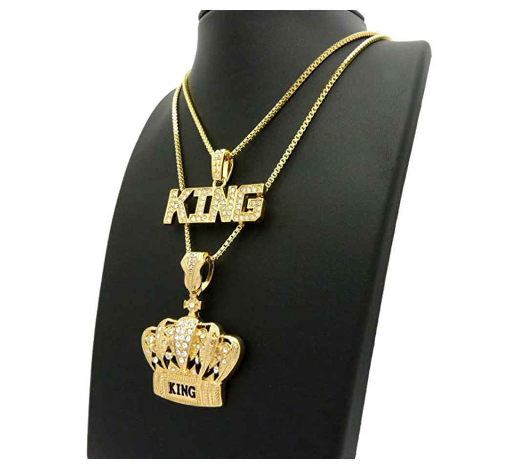 King Crown Pendant Cartoon King Crown Necklace Simulated Diamond Hip Hop King Crown Chain Iced Out 24in.