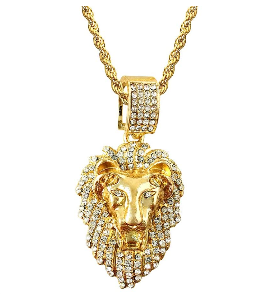 African Lion Head Pendant Lion Necklace Gold Color Metal Alloy Simulated Diamond Judah Lion King Chain Iced Out 24in.