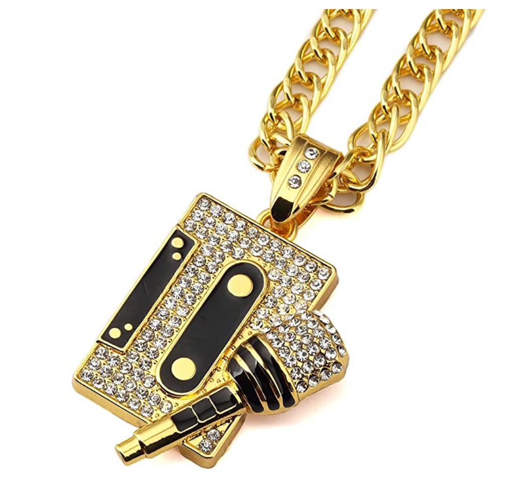 Tape & Microphone Pendant Rapper Necklace Simulated Diamond Old Skool Chain Iced Out 24in.