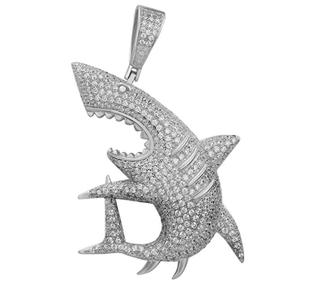 Shark Pendant Rapper 69 Necklace Simulated Diamond Baby Shark Chain 6ix9ine Iced Out Rope Chain 24in.