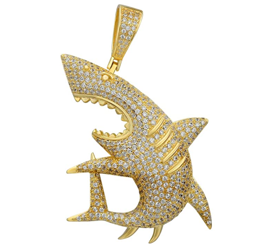 Shark Pendant Rapper 69 Necklace Simulated Diamond Baby Shark Chain 6ix9ine Iced Out Rope Chain 24in.