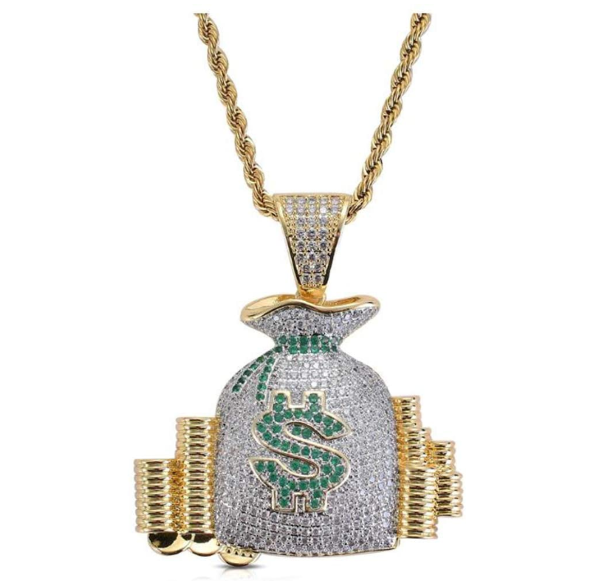 Money Bag Pendant Rapper Money Cash Necklace Cartoon Simulated Diamond Money Bag Chain Iced Out 24in.