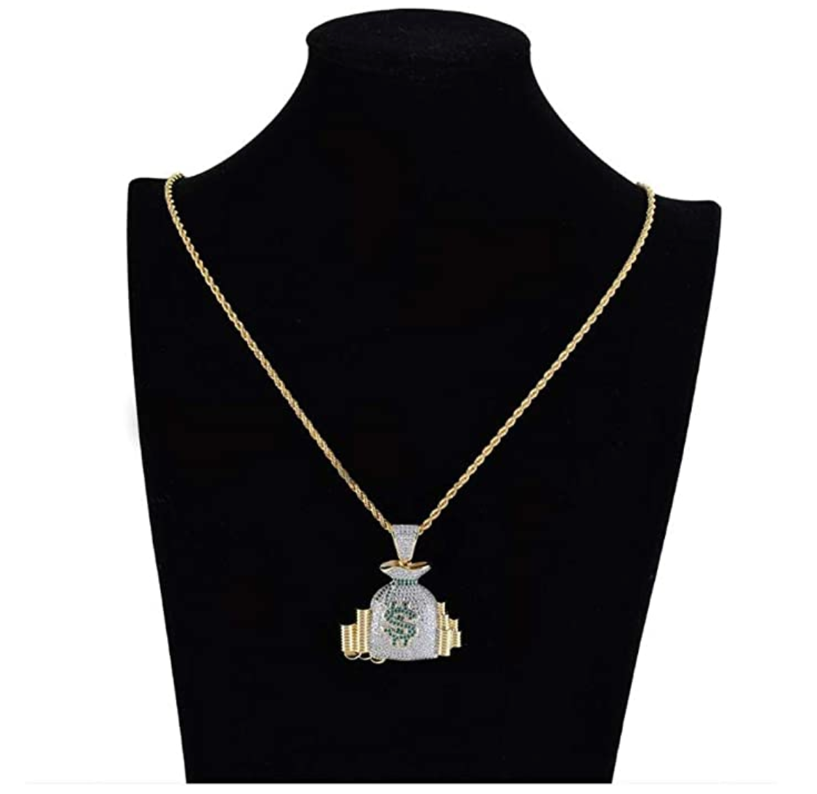 Money Bag Pendant Rapper Money Cash Necklace Cartoon Simulated Diamond Money Bag Chain Iced Out 24in.