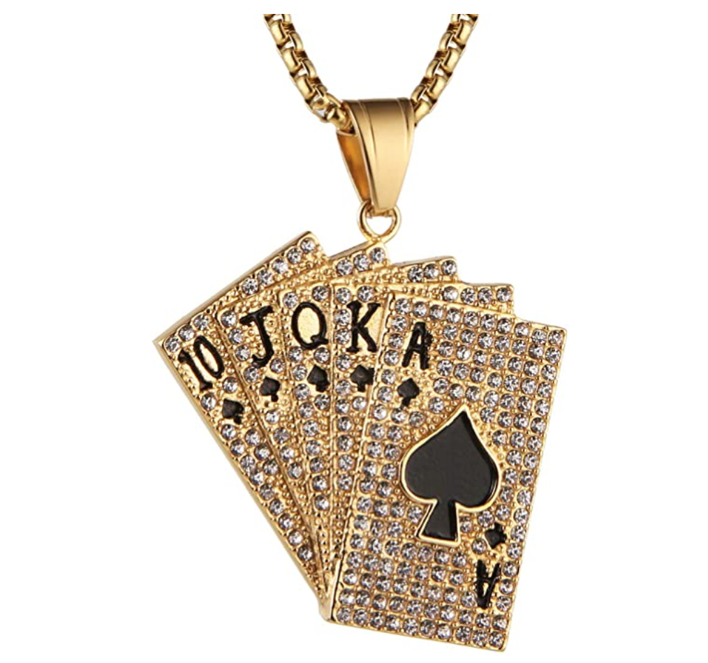 Ace of Spades Poker Playing Card Pendant Rapper Royal Flush Necklace Simulated Diamond Card Chain Silver Iced Out 24in.