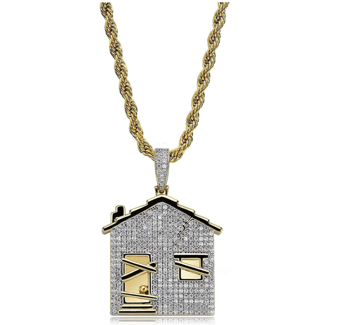Trap House Pendant Rapper Trap House Necklace Cartoon Gold Color Metal Alloy Simulated Diamond Trap House Chain Iced Out 24in.