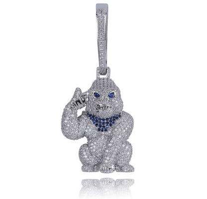 Gorilla Pendant Rapper Ape Necklace BAPE Cartoon Simulated Diamond Monkey Chain Iced Out Cuban Link 24in.