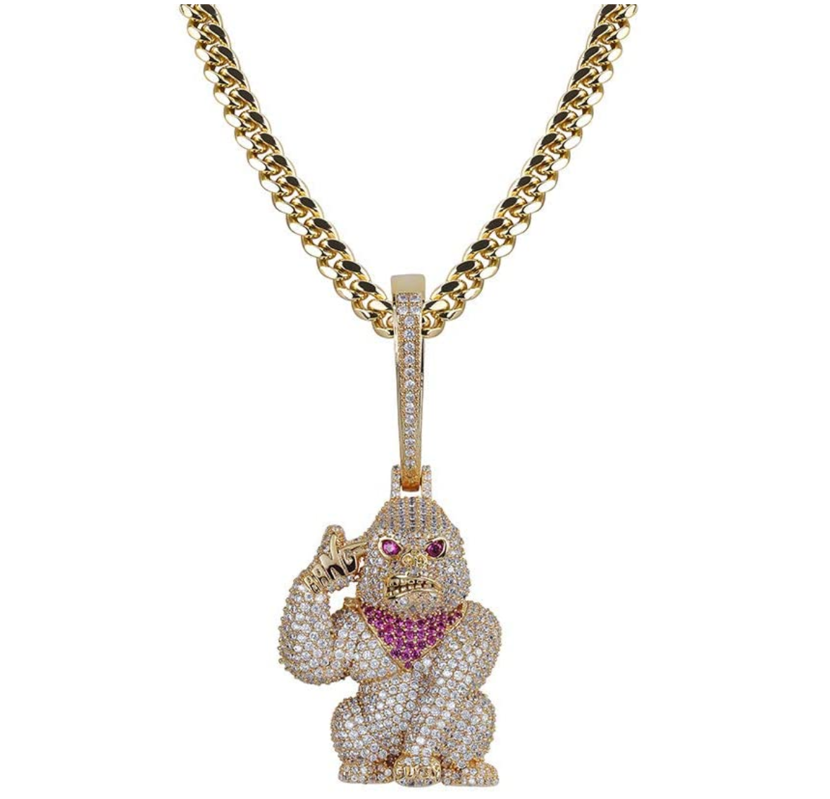 Gorilla Pendant Rapper Ape Necklace BAPE Cartoon Simulated Diamond Monkey Chain Iced Out Cuban Link 24in.