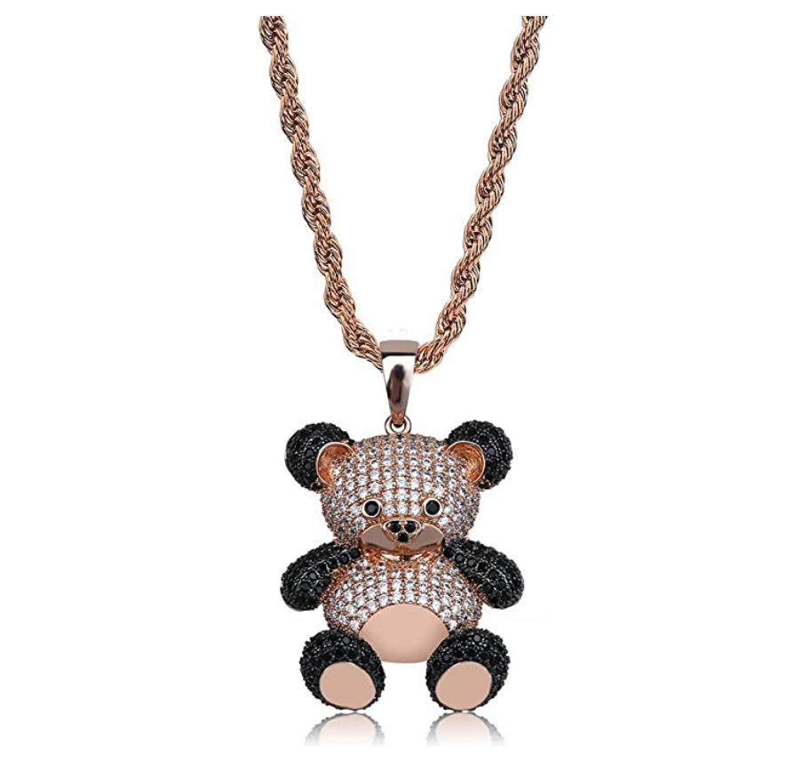 Panda Bear Pendant Rapper Black White Bear Necklace Cartoon Simulated Diamond Rose Bear Chain Iced Out 24in.