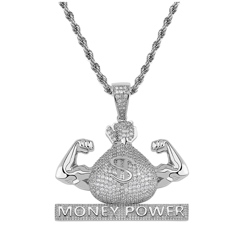 Money Bag Pendant Silver Rapper Money Power Necklace Cartoon Simulated Diamond Cash Dollar Sign Iced Out 24in.