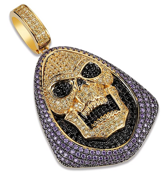 Skeleton Pendant Cartoon Necklace Skull Simulated Diamond Ghost Hip Hop Grim Reaper Chain Silver Iced Out Demon Chain 24in.