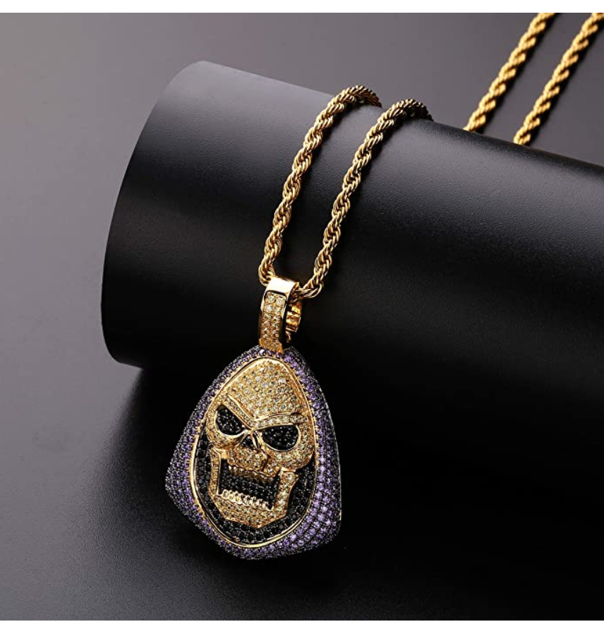 Skeleton Pendant Cartoon Necklace Skull Simulated Diamond Ghost Hip Hop Grim Reaper Chain Silver Iced Out Demon Chain 24in.