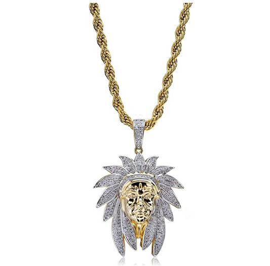 Chief Pendant Cartoon Simulated Diamond Indian Chief Necklace  Hip Hop Silver Tribal Warrior Iced Out Chain 24in.