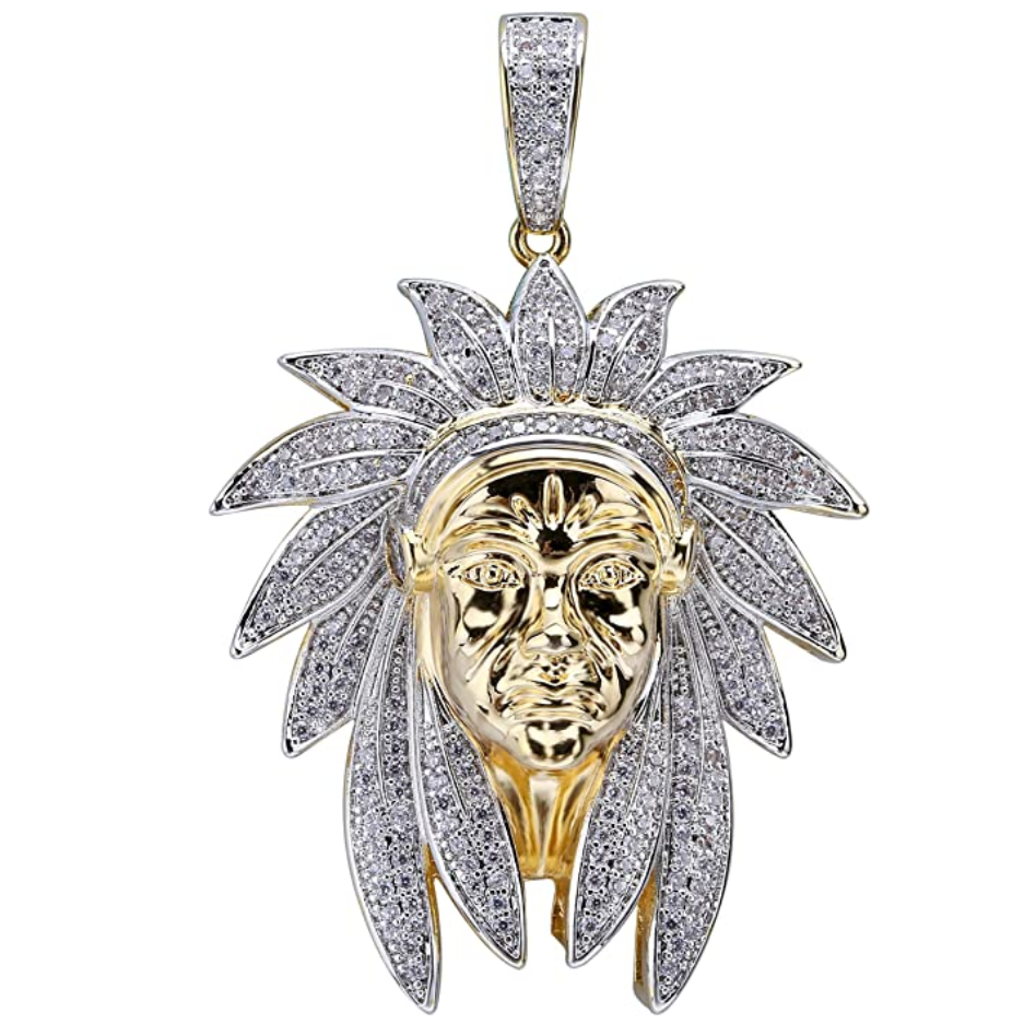 Chief Pendant Cartoon Simulated Diamond Indian Chief Necklace  Hip Hop Silver Tribal Warrior Iced Out Chain 24in.