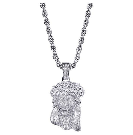 Big Jesus Face Pendant Cartoon Simulated Diamond Jesus Necklace Hip Hop Silver Christ Iced Out Chain 24in.