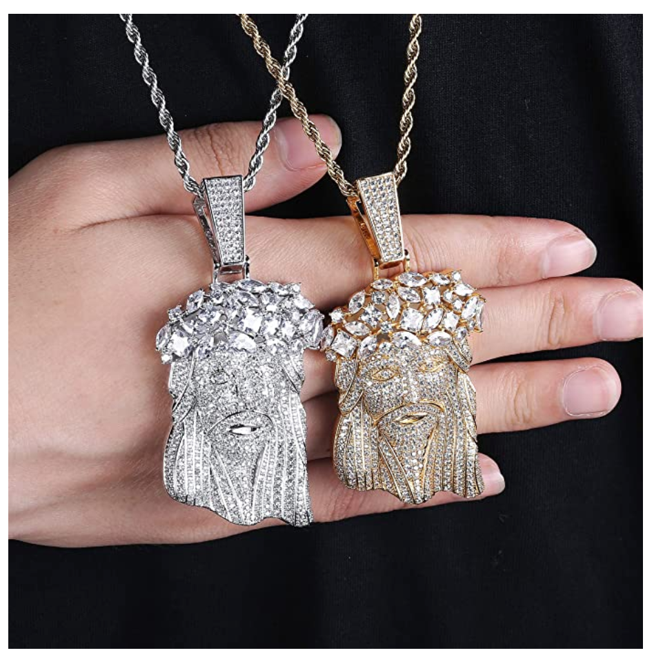 Big Jesus Face Pendant Cartoon Simulated Diamond Jesus Necklace Hip Hop Silver Christ Iced Out Chain 24in.