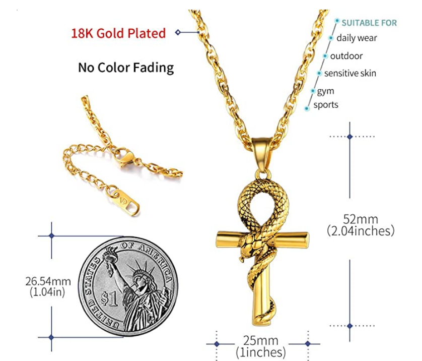 Snake Ankh Pendant Gold Color Metal Alloy African Jewelry Egyptian Necklace Silver Eye of Ra Chain Horus Ankh Cross 24in.