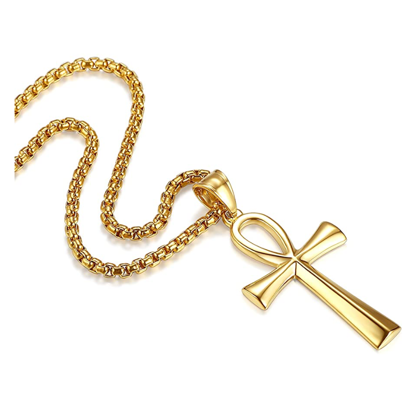 Ankh Pendant Gold Color Metal Alloy African Jewelry Egyptian Necklace Silver Ra Horus Ankh Cross 24in.