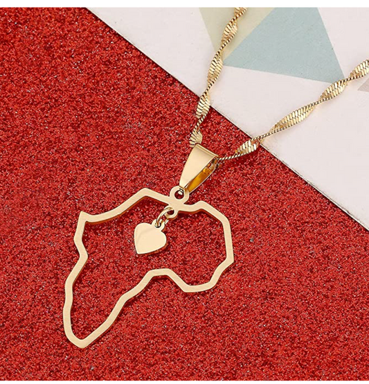 African Heart Pendant Gold Color Metal Alloy African Jewelry Egyptian Necklace Africa Map 20in.