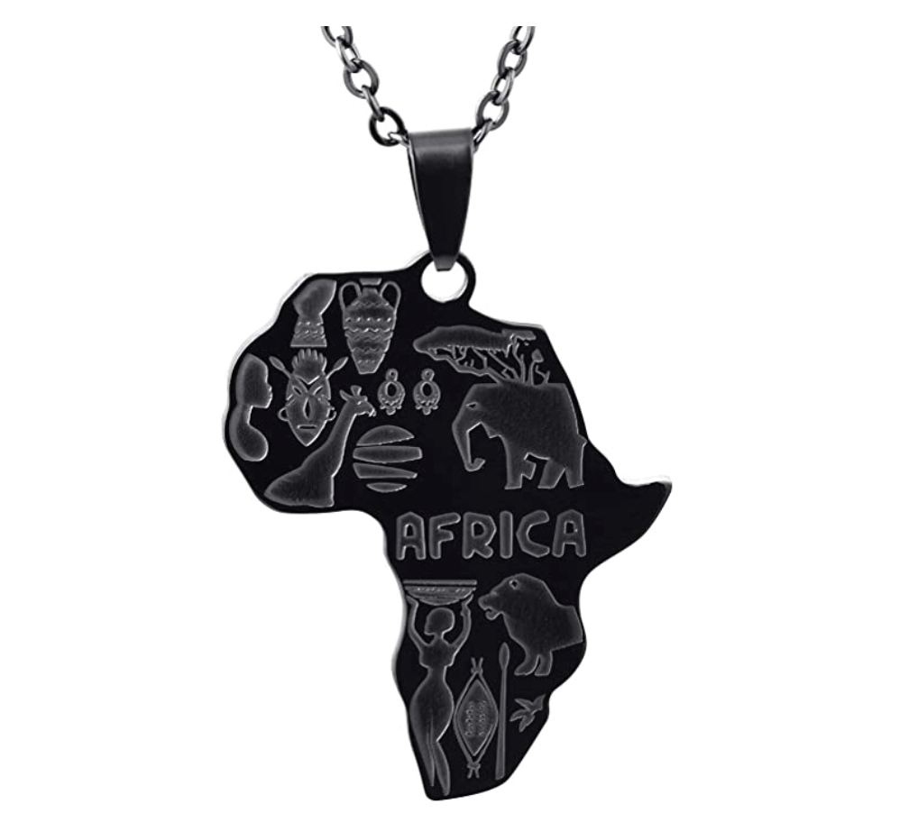 African Map Pendant Gold Stainless Steel African Jewelry Egyptian Animals Necklace Silver Africa Map 22in.