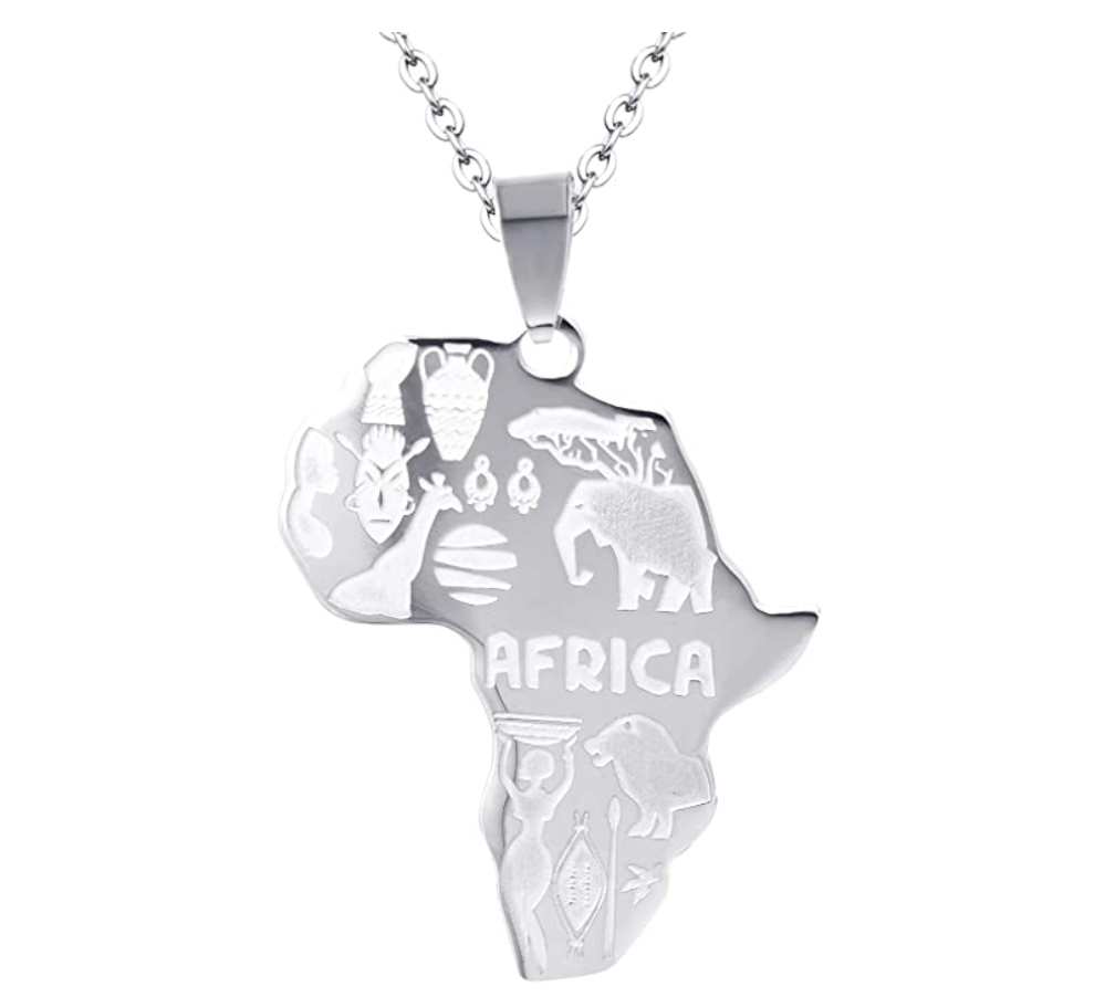 African Map Pendant Gold Stainless Steel African Jewelry Egyptian Animals Necklace Silver Africa Map 22in.