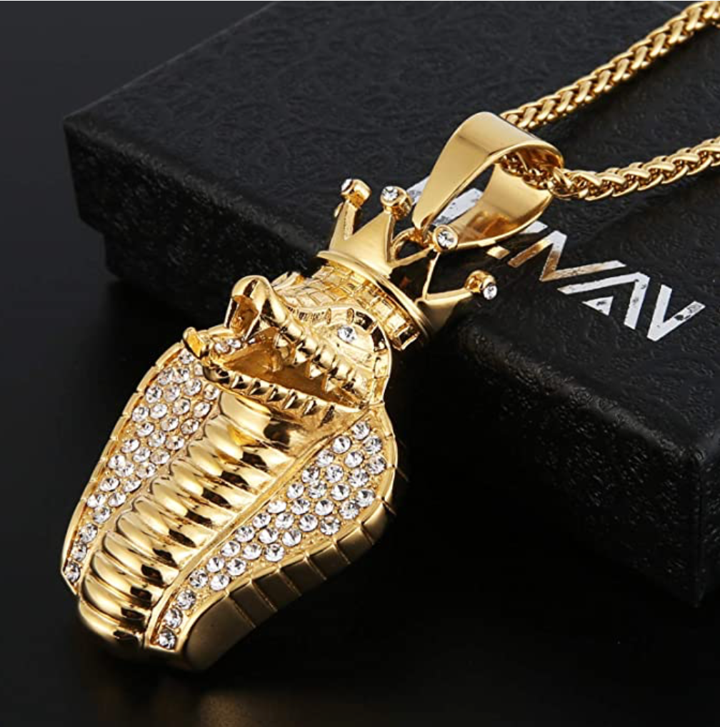 King Snake Pendant Snake Gold Color Metal Alloy African Jewelry Hip Hop Simulated Diamond Crown Snake Necklace Egypt Cobra King Chain 24in.