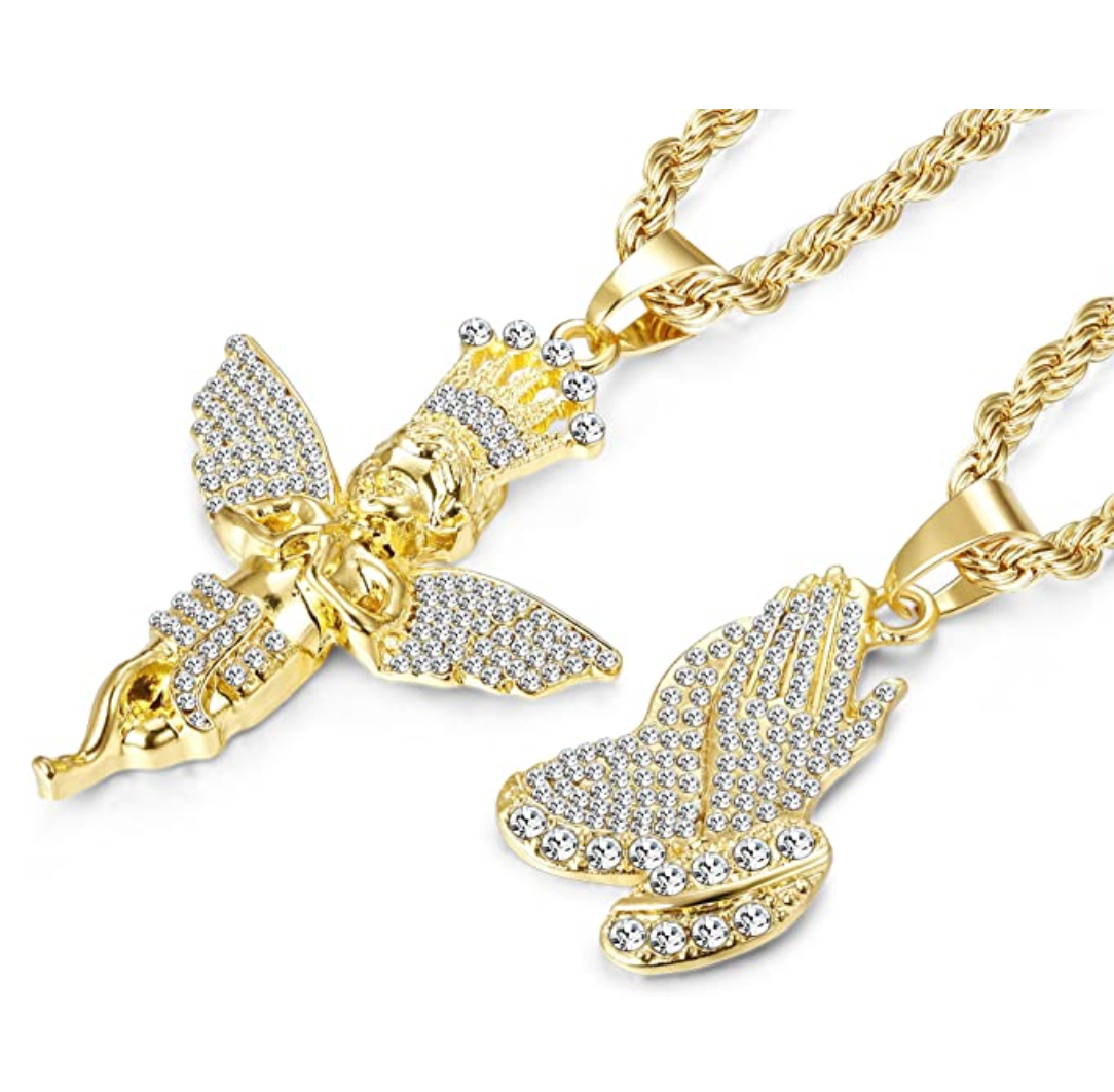 Prayer Hands Simulated Diamond Necklace Angel Wings Pendant Gold Color Hip Hop Iced Out Angel Pray Chain 30in.