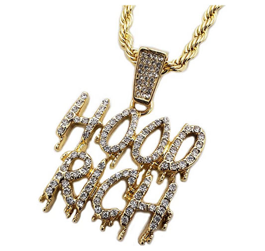 Hood Rich Necklace Simulated Diamond Trap Pendant Gold Tone Hip Hop Iced Out Drip Cash Money Bag Chain 24in.