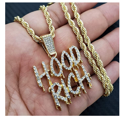 Hood Rich Necklace Simulated Diamond Trap Pendant Gold Tone Hip Hop Iced Out Drip Cash Money Bag Chain 24in.