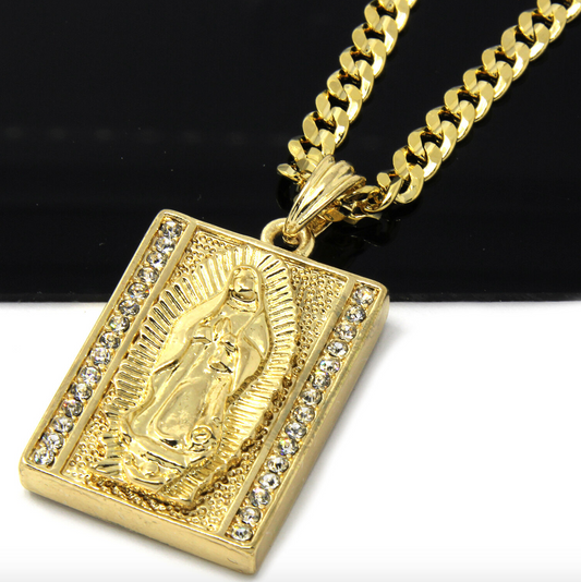 The Virgin Mary Pendant Gold Jesus Cross Chain Mary Necklace Rapper Iced Out 24in.