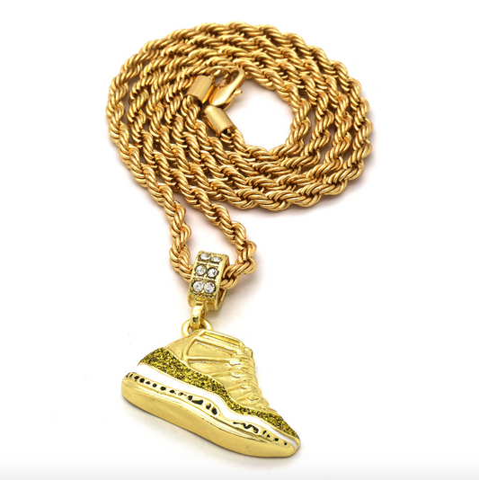 Jordan 11 Shoe Pendant 23 Chain Shoe Necklace Simulated Diamond Hip Hop Rapper Iced Out Gold Silver 24in.