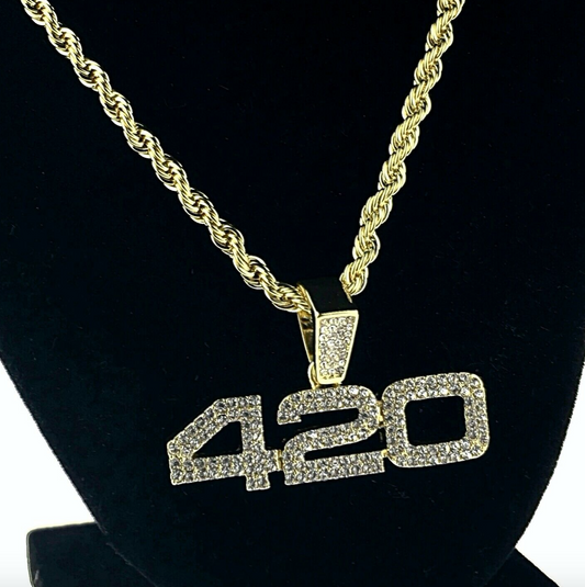 420 Pendant Weed Necklace Marijuana Chain Simulated Diamond Hip Hop Rapper Blunt Iced Out Gold Silver Metal Alloy 24in.