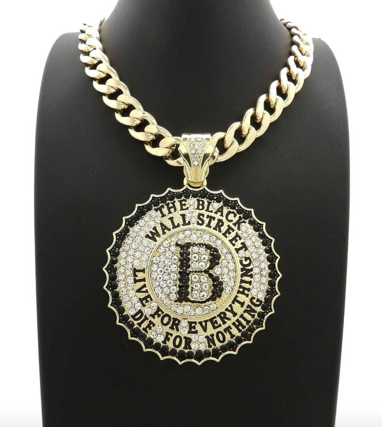 Black Wall Street Necklace Pendant Black Wall Street Chain Simulated Diamond Hip Hop Iced Out Cuban Link 20in.