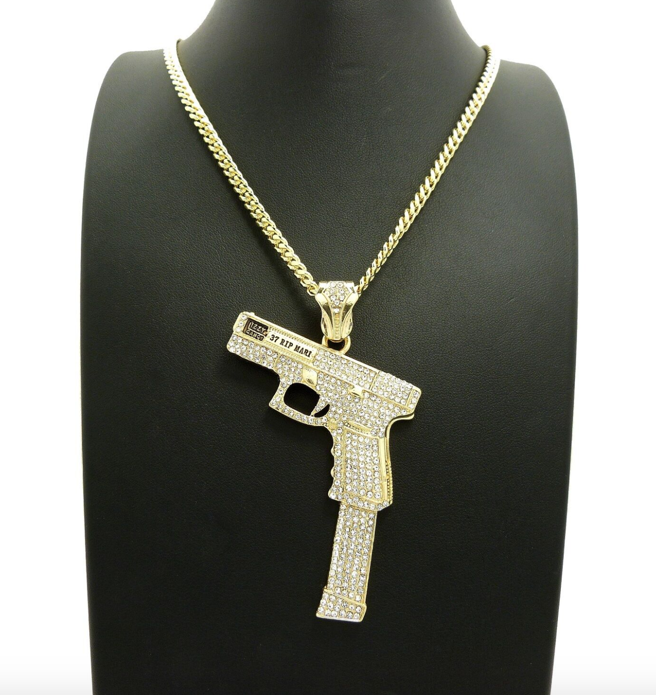 40 Pistol Necklace Extended Clip Pendant Gun Chain 9mm Simulated Diamond Hip Hop Iced Out Cuban Link 24in.