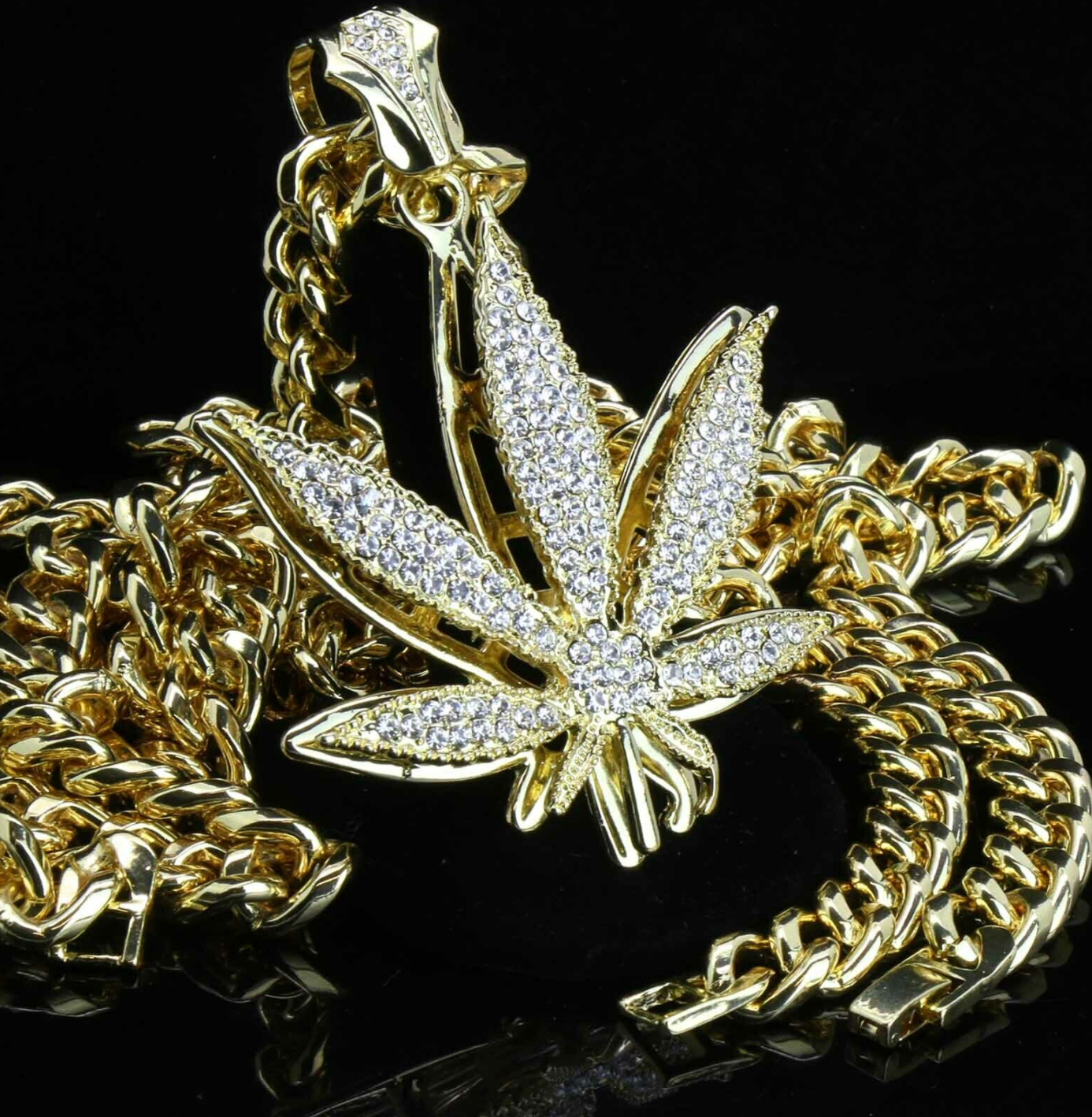 Weed Leaf Necklace 420 Pendant Chain Weed Simulated Diamond Hip Hop Rapper Iced Out Cuban Link 30in.