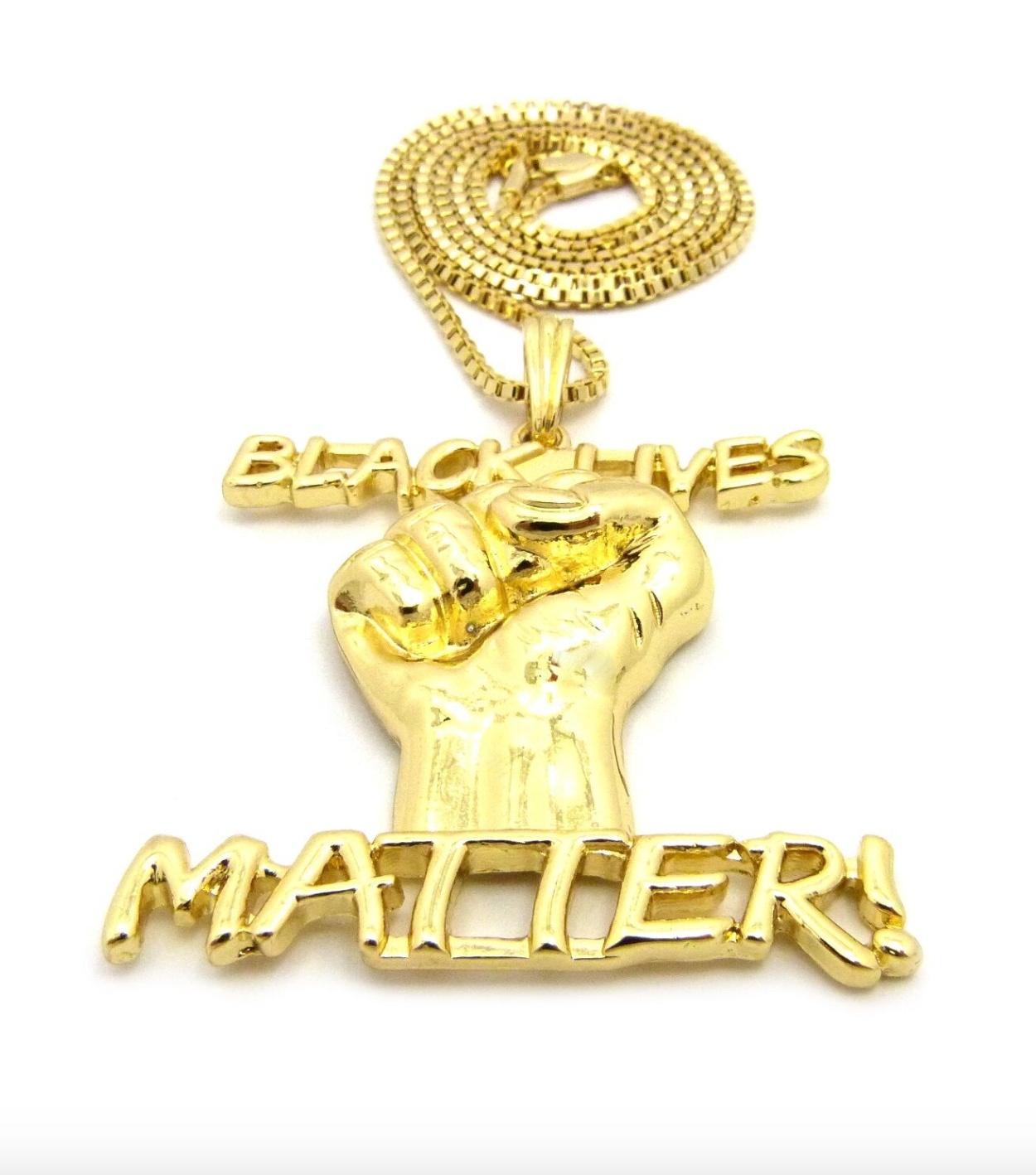 Black Lives Matter Necklace BLM Pendant Gold Tone Chain Hip Hop Black Proud Fist 24in.