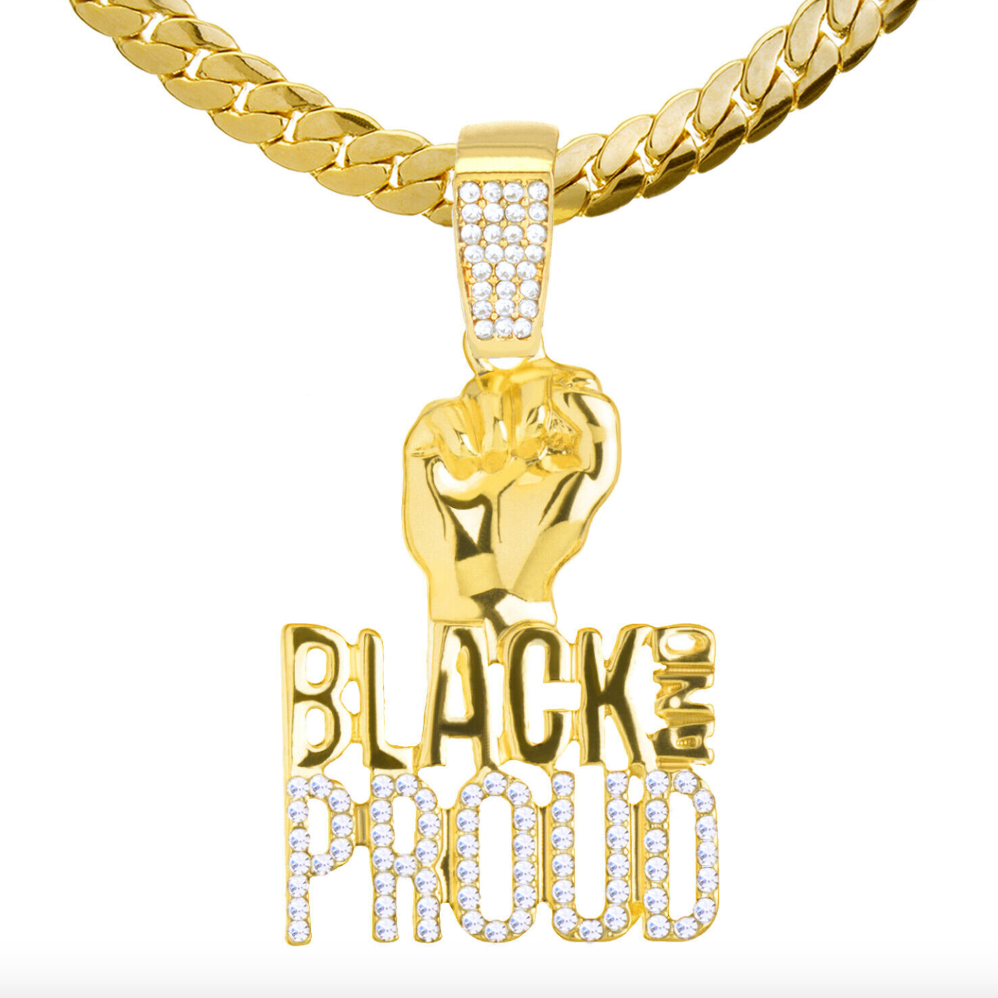 Simulated Diamond Black Lives Matter Necklace BLM Pendant Fist Gold Color Metal Alloy Chain Hip Hop Plated Black Proud Sign 24in.