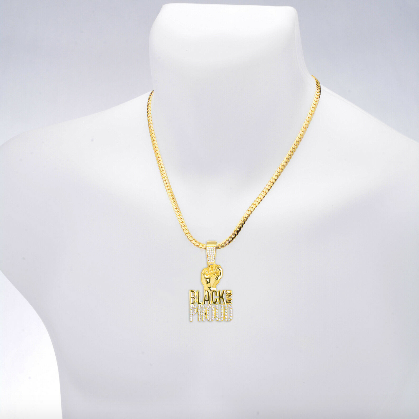 Simulated Diamond Black Lives Matter Necklace BLM Pendant Fist Gold Color Metal Alloy Chain Hip Hop Plated Black Proud Sign 24in.