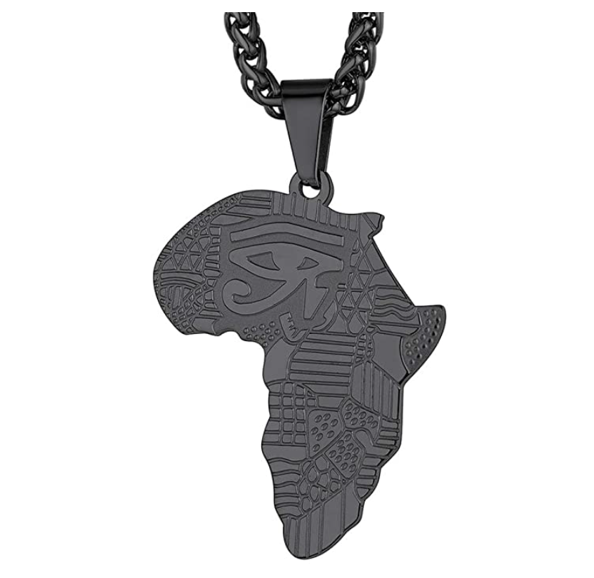Africa Map Pendant Gold Silver Stainless Steel African Jewelry Egyptian Necklace Eye of Ra Chain Horus Eye 24in.