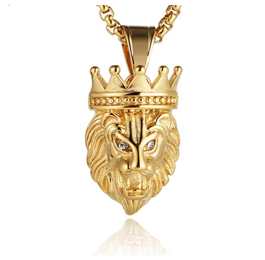 Lion King Pendant Gold Color Metal Alloy Lion Crown Chain African Jewelry Silver Judah Lion Egyptian Necklace 24in.