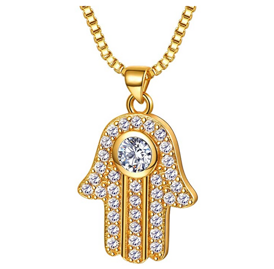 Hand of Fatima Pendant Gold Color Metal Alloy Hamsa Hand Chain Allah Muslim Simulated Diamond African Jewelry Kabbalah Silver Jewish Necklace 22in.