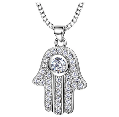 Hand of Fatima Pendant Gold Color Metal Alloy Hamsa Hand Chain Allah Muslim Simulated Diamond African Jewelry Kabbalah Silver Jewish Necklace 22in.