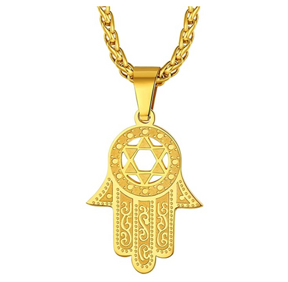 Star of David Hamsa Hand Pendant Gold 925 Sterling Silver Hand of Fatima Chain African Jewelry Kabbalah Jewish Necklace 22in.