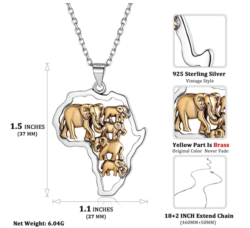Elephant Family Pendant Gold Color Metal Alloy African Jewelry Silver Africa Map Necklace Elephant Chain 18in.