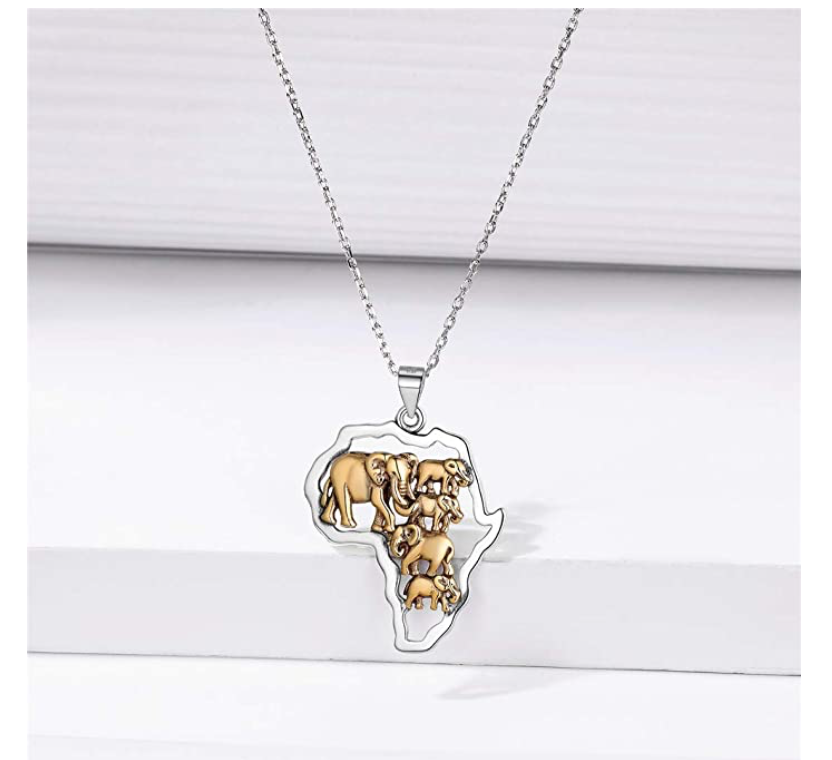 Elephant Family Pendant Gold Color Metal Alloy African Jewelry Silver Africa Map Necklace Elephant Chain 18in.