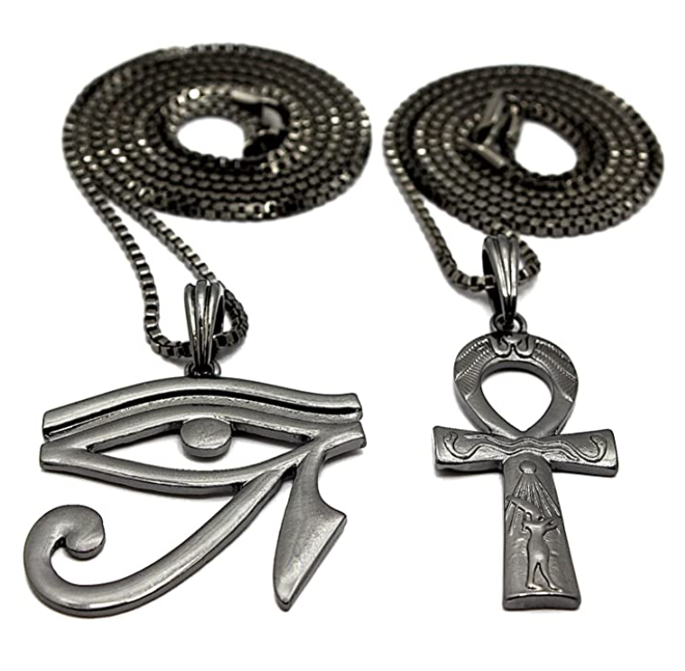 Egyptian Ankh Cross Pendant Gold Color Metal Alloy Simulated Diamond Chain Eye of Ra Scarab Jewelry Horus Ankh Necklace