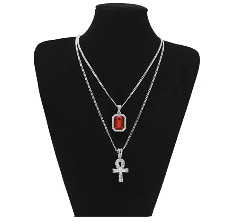 Egyptian Ankh Pendant Gold Color Metal Alloy Simulated Diamond Red Ruby Chain African Jewelry Silver Ankh Necklace 24in.