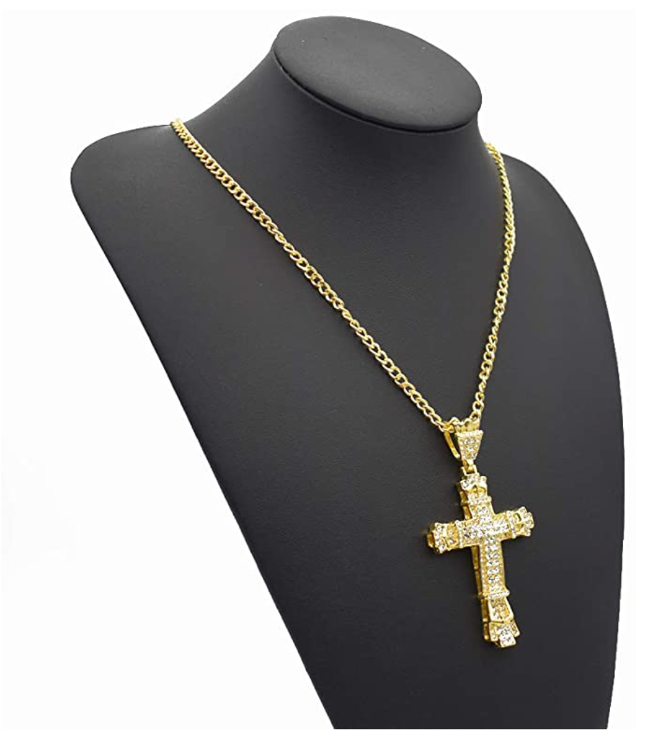 Holy Cross Pendant Gold Color Metal Alloy Christ Necklace Gold Jesus Chain Hip Hop Simulated Diamond Cross Iced Out 30in.