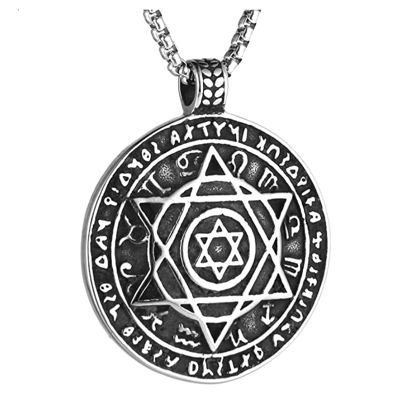 Jewish Sigil Chain Hebrew Six-Pointed Star 12 Constellation Solomon Seal Pendant Gold Color Solomon Talisman Wicca Necklace Silver Tone 24in.