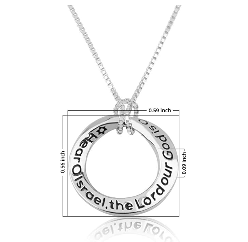 Infinity Circle Pendant Here O Israel the Lord Our God is One Silver Hebrew Chai Necklace Jewish Chai Pendant Jewelry 18in.