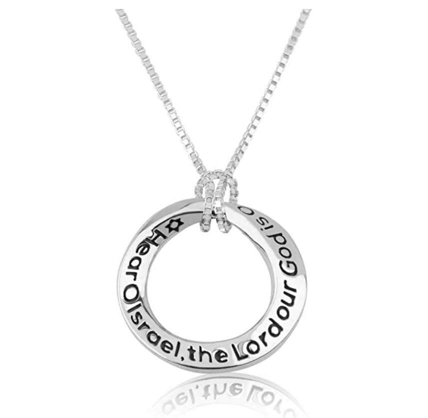 Infinity Circle Pendant Here O Israel the Lord Our God is One Silver Hebrew Chai Necklace Jewish Chai Pendant Jewelry 18in.